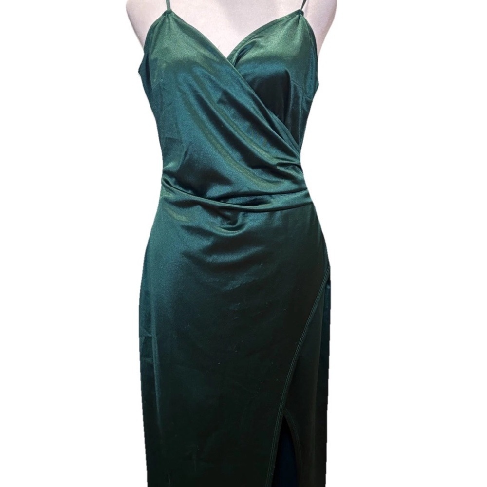 Windsor Emerald Green Satin Maxi Dress Side Slit Cowl Neck Formal Evening Gown M - Picture 5 of 9